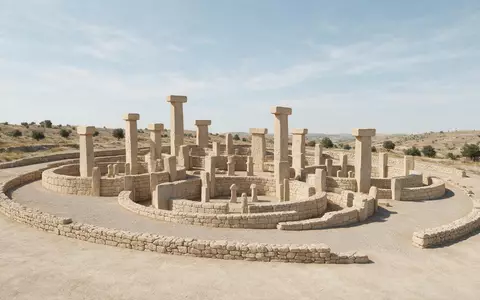 Moderner Architektur-Render zeigt Silhouette von Göbekli Tepe in Sanliurfa Türkei, klare Linien und neutrales Tageslicht - Foto: THN