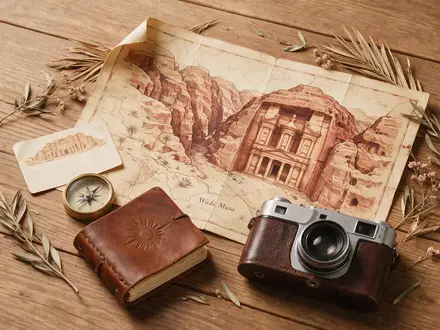 Flatlay-Reise-Arrangement rund um Petra in Wadi Musa Jordanien, Karte Kompass Kamera und generische Reiserequisiten - Foto: THN
