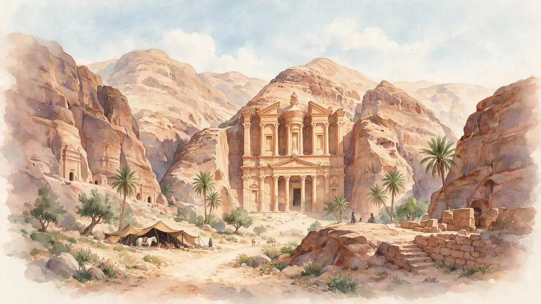 Aquarell-Illustration von Petra in Wadi Musa, Jordanien als Reiseposter