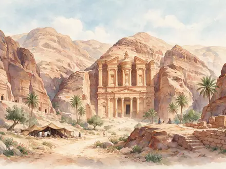 Aquarellillustration des Wahrzeichens Petra in Wadi Musa Jordanien, weiche Farbverläufe und pastelliges Reiseposter-Feeling - Foto: THN