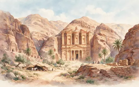 Aquarellillustration des Wahrzeichens Petra in Wadi Musa Jordanien, weiche Farbverläufe und pastelliges Reiseposter-Feeling - Foto: THN