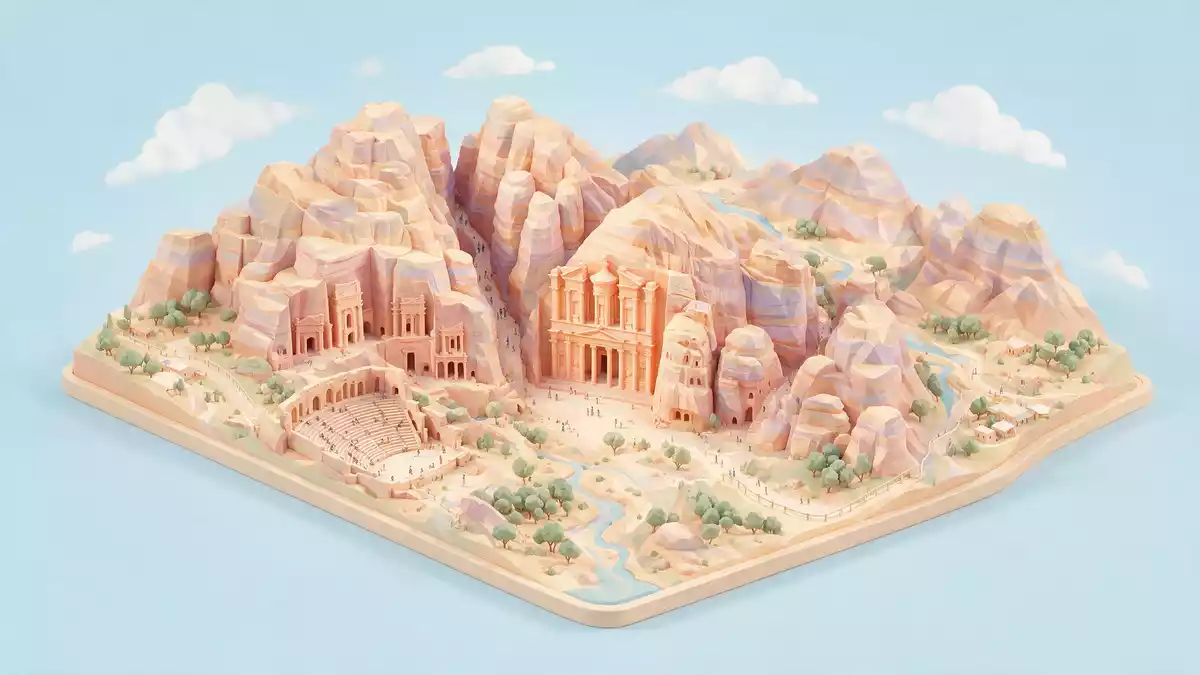 Isometrisches Diorama von Petra in Wadi Musa, Jordanien in Pastell