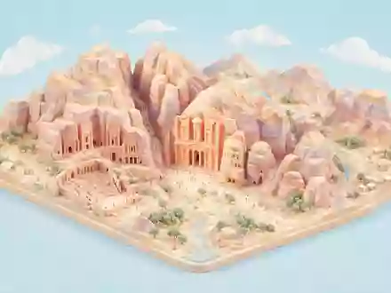 Isometrisches Diorama von Petra und Umgebung in Wadi Musa Jordanien, verspielte Low-Poly-Kulisse in Pastellfarben - Foto: THN