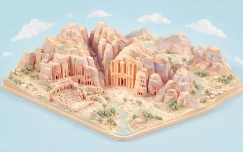 Isometrisches Diorama von Petra und Umgebung in Wadi Musa Jordanien, verspielte Low-Poly-Kulisse in Pastellfarben - Foto: THN