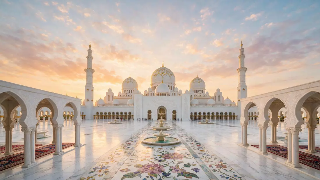 Fotorealistische Ansicht von Scheich-Zayid-Moschee Abu Dhabi in Abu Dhabi, VAE im Abendlicht