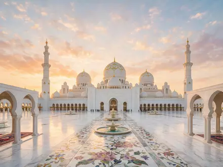 Fotorealistische Panoramaaufnahme von Scheich-Zayid-Moschee Abu Dhabi in Abu Dhabi VAE, warmes Abendlicht auf Wahrzeichen - Foto: THN