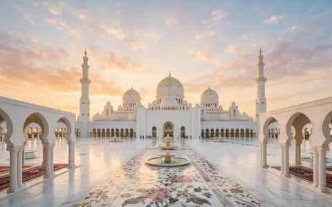 Fotorealistische Panoramaaufnahme von Scheich-Zayid-Moschee Abu Dhabi in Abu Dhabi VAE, warmes Abendlicht auf Wahrzeichen - Foto: THN