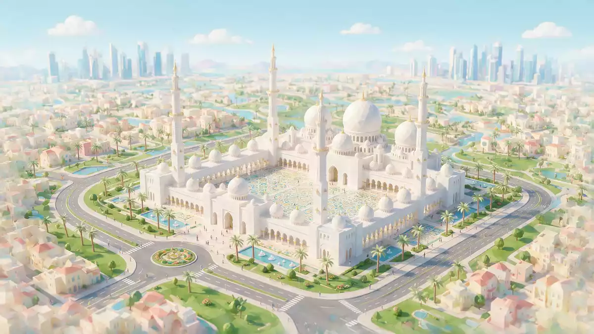 Isometrisches Diorama von Scheich-Zayid-Moschee Abu Dhabi in Abu Dhabi, VAE in Pastell