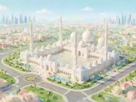 Isometrisches Diorama von Scheich-Zayid-Moschee Abu Dhabi und Umgebung in Abu Dhabi VAE, verspielte Low-Poly-Kulisse in - Foto: THN