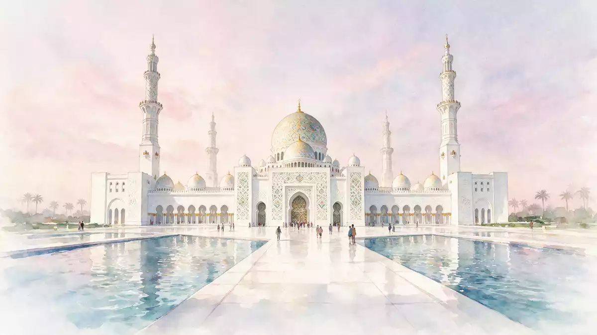 Aquarell-Illustration von Scheich-Zayid-Moschee Abu Dhabi in Abu Dhabi, VAE als Reiseposter