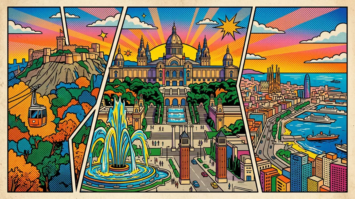 Pop-Art-Comic von Montjuic Barcelona in Barcelona, Spanien mit Rasterpunkten