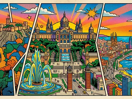 Pop-Art-Comicillustration des Wahrzeichens Montjuic Barcelona in Barcelona Spanien, kraeftige Konturen Rasterpunkte und satte Farben - Foto: THN