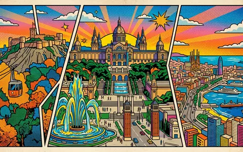Pop-Art-Comicillustration des Wahrzeichens Montjuic Barcelona in Barcelona Spanien, kraeftige Konturen Rasterpunkte und satte Farben - Foto: THN