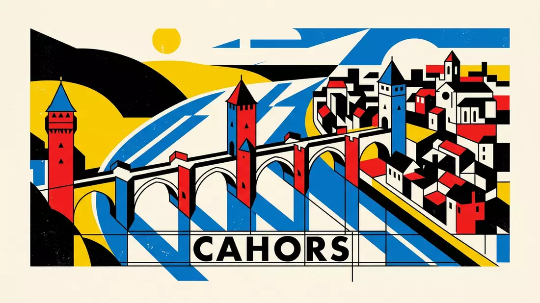 Bauhaus-Poster als Abstraktion von Pont Valentre Cahors in Cahors, Frankreich