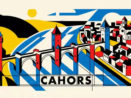 Bauhaus-Poster als geometrische Abstraktion von Pont Valentre Cahors in Cahors Frankreich, kraeftige Grundfarben und harte - Foto: THN