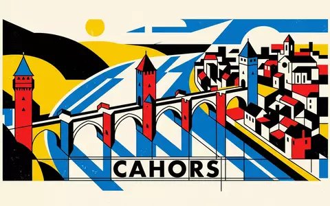 Bauhaus-Poster als geometrische Abstraktion von Pont Valentre Cahors in Cahors Frankreich, kraeftige Grundfarben und harte - Foto: THN