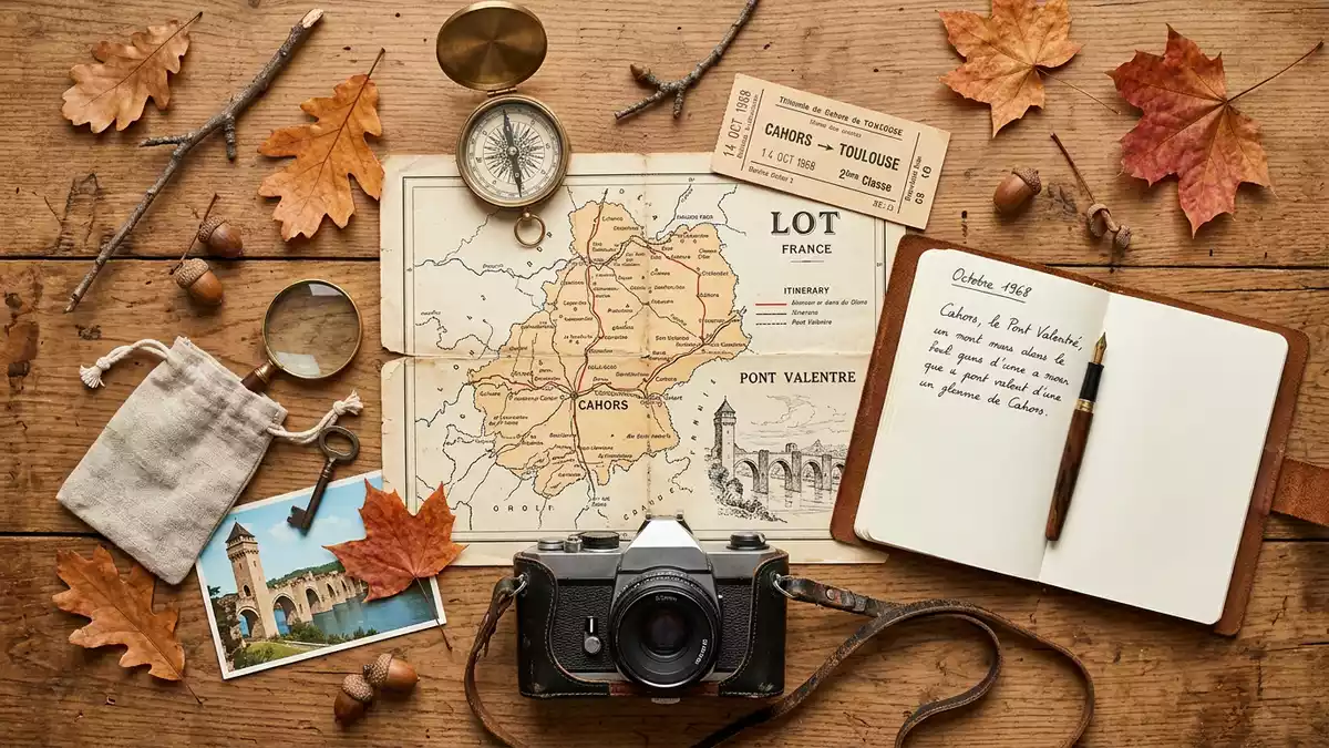 Flatlay-Reise-Arrangement rund um Pont Valentre Cahors in Cahors, Frankreich