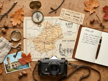 Flatlay-Reise-Arrangement rund um Pont Valentre Cahors in Cahors Frankreich, Karte Kompass Kamera und generische Reiserequisiten - Foto: THN