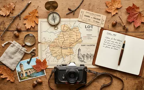 Flatlay-Reise-Arrangement rund um Pont Valentre Cahors in Cahors Frankreich, Karte Kompass Kamera und generische Reiserequisiten - Foto: THN