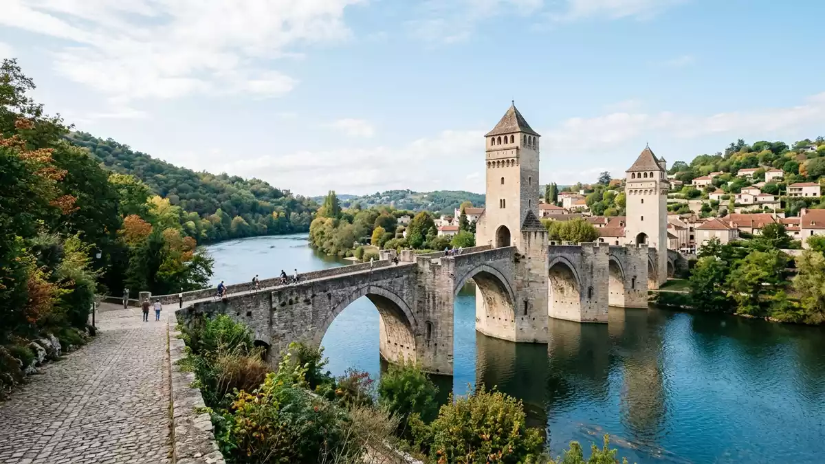 Editorial-Reisemagazinbild vom Wahrzeichen Pont Valentre Cahors in Cahors, Frankreich