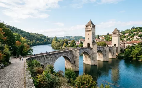 Editorialbild im Reisemagazin-Stil vom Wahrzeichen Pont Valentre Cahors in Cahors Frankreich, ausgewogene Bildgestaltung und natuerliches - Foto: THN