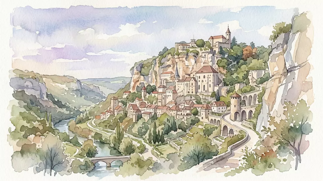 Aquarell-Illustration von Rocamadour in Rocamadour, Frankreich als Reiseposter