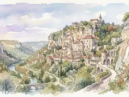 Aquarellillustration des Wahrzeichens Rocamadour in Rocamadour Frankreich, weiche FarbverlÀufe und pastelliges Reiseposter-Feeling - Foto: THN