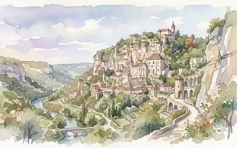 Aquarellillustration des Wahrzeichens Rocamadour in Rocamadour Frankreich, weiche Farbverläufe und pastelliges Reiseposter-Feeling - Foto: THN