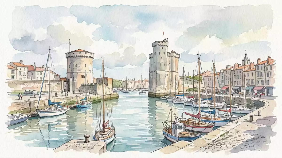 Aquarell-Illustration von Alter Hafen La Rochelle in La Rochelle, Frankreich als Reiseposter