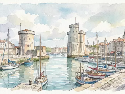 Aquarellillustration des Wahrzeichens Alter Hafen La Rochelle in La Rochelle Frankreich, weiche Farbverläufe und pastelliges - Foto: THN