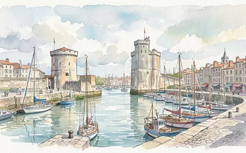 Aquarellillustration des Wahrzeichens Alter Hafen La Rochelle in La Rochelle Frankreich, weiche Farbverläufe und pastelliges - Foto: THN