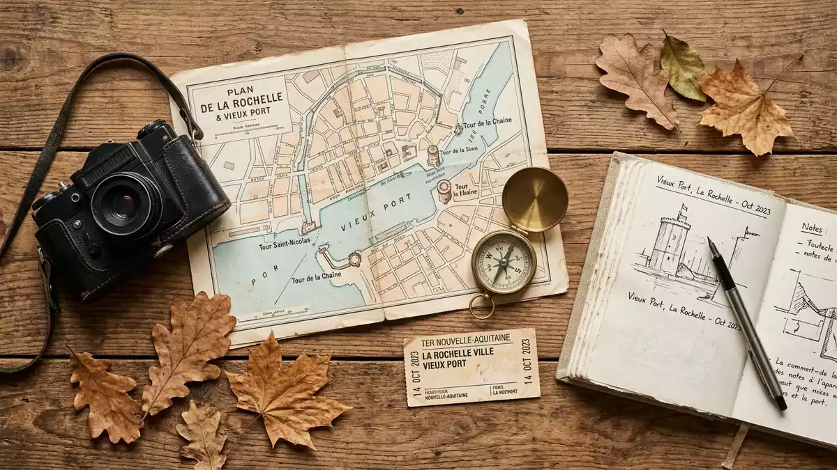 Flatlay-Reise-Arrangement rund um Alter Hafen La Rochelle in La Rochelle, Frankreich