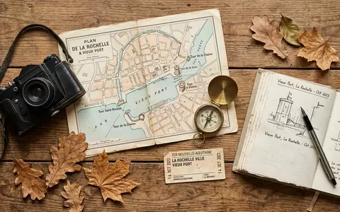 Flatlay-Reise-Arrangement rund um Alter Hafen La Rochelle in La Rochelle Frankreich, Karte Kompass Kamera und - Foto: THN