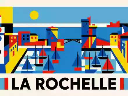Bauhaus-Poster als geometrische Abstraktion von Alter Hafen La Rochelle in La Rochelle Frankreich, kraeftige Grundfarben - Foto: THN