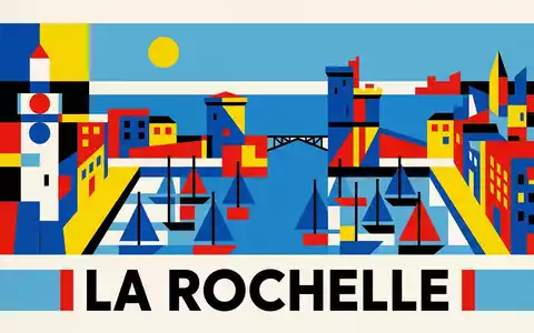 Bauhaus-Poster als geometrische Abstraktion von Alter Hafen La Rochelle in La Rochelle Frankreich, kraeftige Grundfarben - Foto: THN