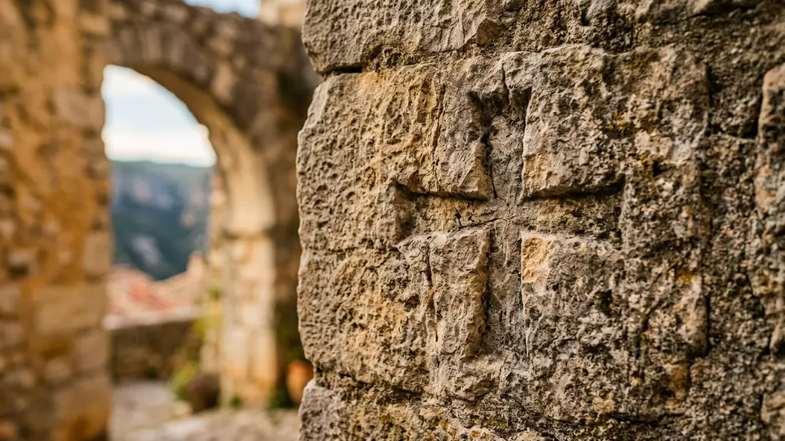 Makroaufnahme eines Materialdetails am Wahrzeichen Verdonschlucht, Moustiers-Sainte-Marie Fr…