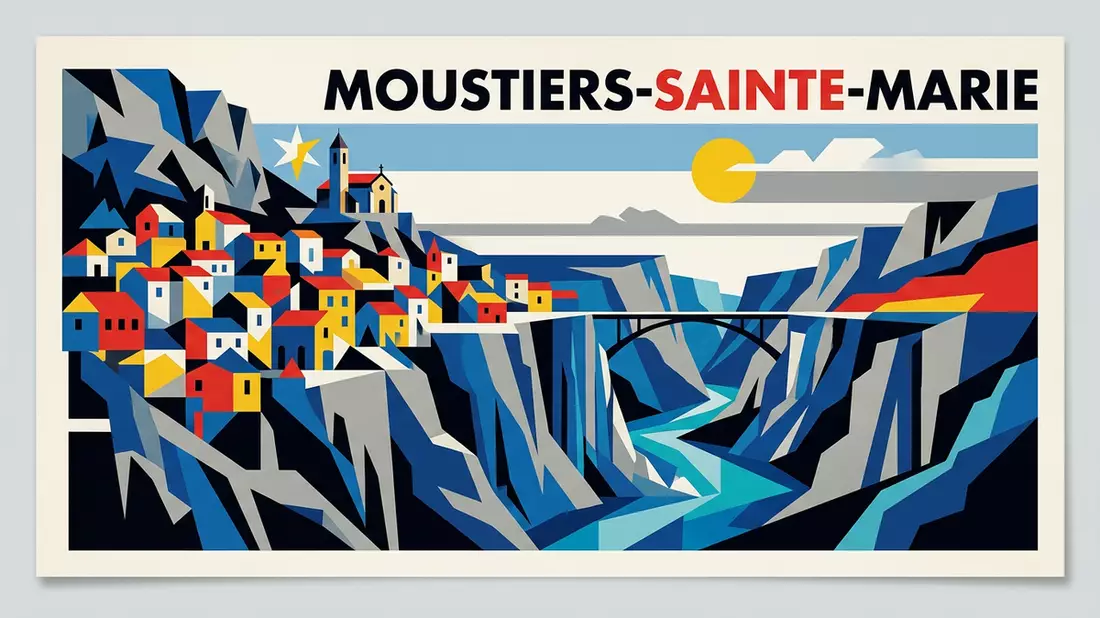 Bauhaus-Poster als Abstraktion von Verdonschlucht in Moustiers-Sainte-Marie, Frankreich