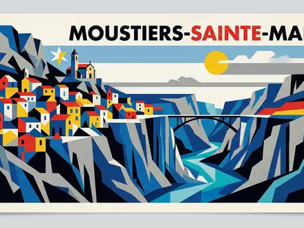 Bauhaus-Poster als geometrische Abstraktion von Verdonschlucht in Moustiers-Sainte-Marie Frankreich, kraeftige Grundfarben und harte Formkanten - Foto: THN