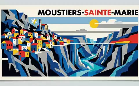 Bauhaus-Poster als geometrische Abstraktion von Verdonschlucht in Moustiers-Sainte-Marie Frankreich, kraeftige Grundfarben und harte Formkanten - Foto: THN