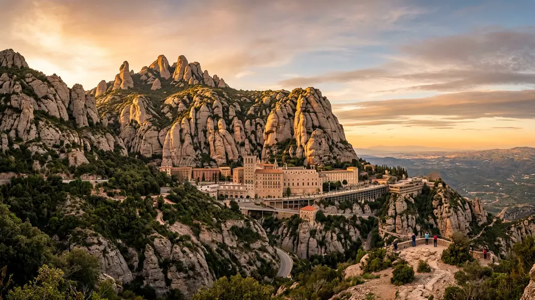 Fotorealistische Ansicht von Kloster Montserrat in Montserrat, Spanien im Abendlicht
