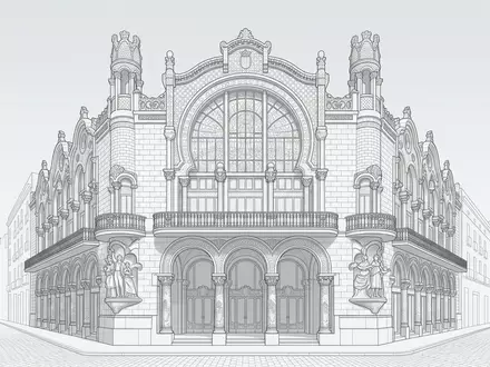 Moderner Architektur-Render zeigt Silhouette von Palau de la Musica Catalana in Barcelona Spanien, klare Linien - Foto: THN