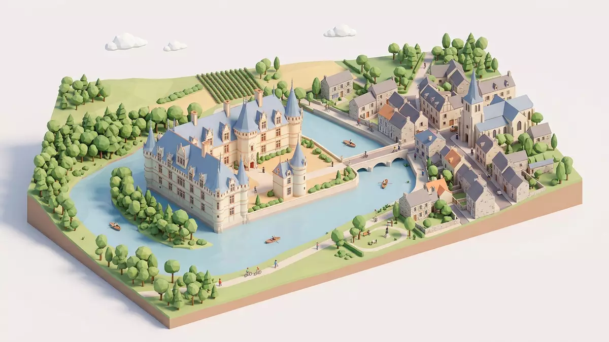 Isometrisches Diorama von Schloss Azay-le-Rideau in Azay-le-Rideau, Frankreich in Pastell