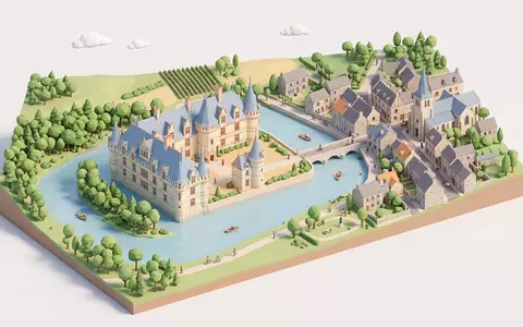 Isometrisches Diorama von Schloss Azay-le-Rideau und Umgebung in Azay-le-Rideau Frankreich, verspielte Low-Poly-Kulisse in Pastellfarben - Foto: THN