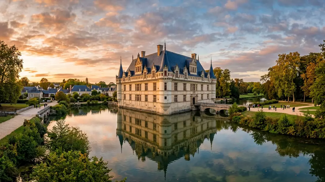 Fotorealistische Ansicht von Schloss Azay-le-Rideau in Azay-le-Rideau, Frankreich im Abendlicht