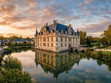 Fotorealistische Panoramaaufnahme von Schloss Azay-le-Rideau in Azay-le-Rideau Frankreich, warmes Abendlicht auf Wahrzeichen - Foto: THN
