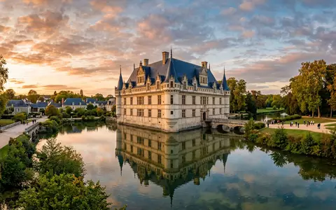 Fotorealistische Panoramaaufnahme von Schloss Azay-le-Rideau in Azay-le-Rideau Frankreich, warmes Abendlicht auf Wahrzeichen - Foto: THN
