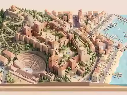 Isometrisches Diorama von Alcazaba Malaga und Umgebung in Malaga Spanien, verspielte Low-Poly-Kulisse in Pastellfarben - Foto: THN