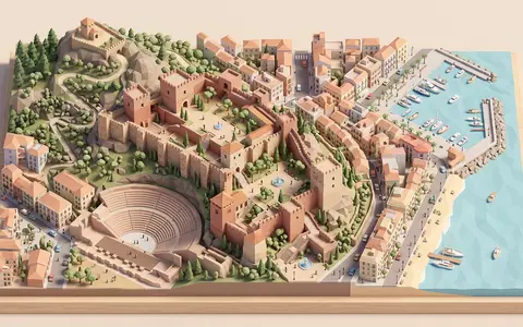 Isometrisches Diorama von Alcazaba Malaga und Umgebung in Malaga Spanien, verspielte Low-Poly-Kulisse in Pastellfarben - Foto: THN