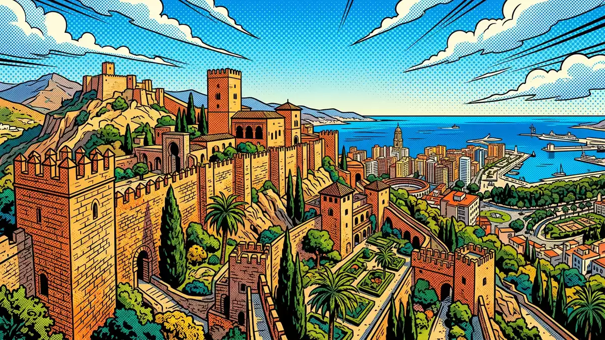 Pop-Art-Comic von Alcazaba Malaga in Malaga, Spanien mit Rasterpunkten