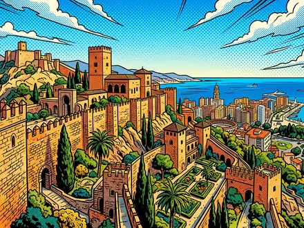 Pop-Art-Comicillustration des Wahrzeichens Alcazaba Malaga in Malaga Spanien, kraeftige Konturen Rasterpunkte und satte Farben - Foto: THN